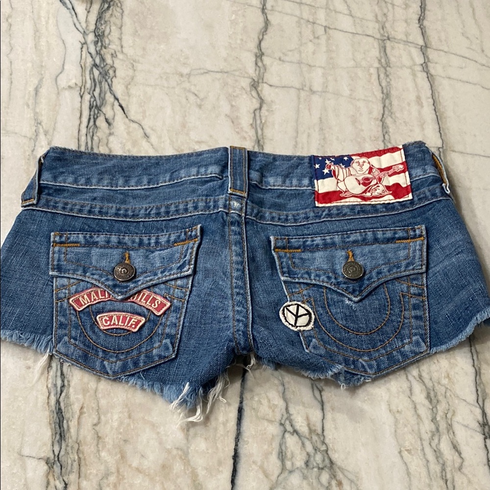 True Religion Cutoff Women's Shorts with Patch Details - Blue - Picture 2 of 10